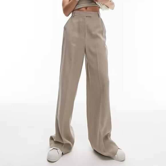 Topshop Pants  Co-Ord Wide Leg Trousers Mid RiseViscose Blend Taupe Tan NWT 10 - Picture 1 of 9